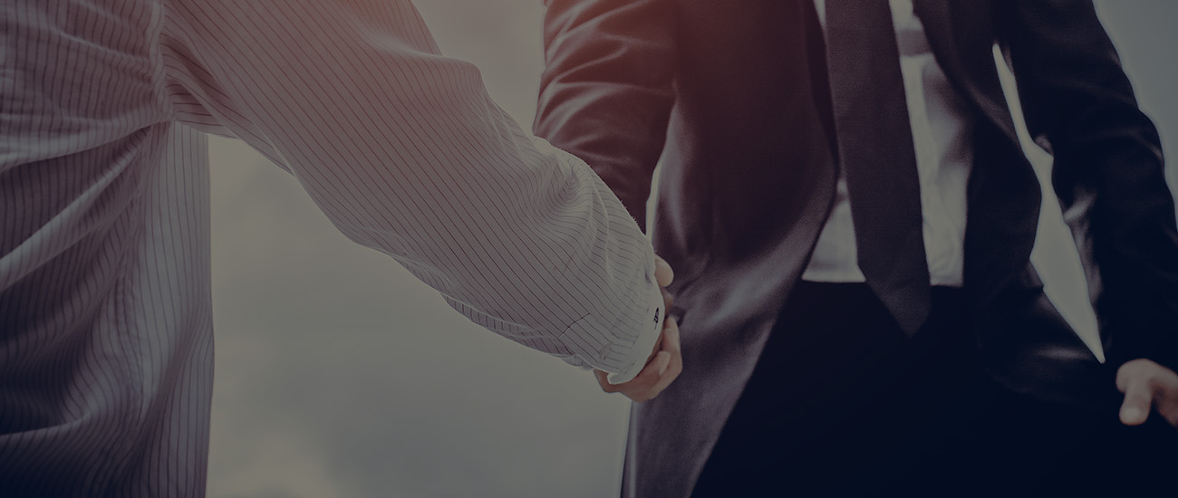 Two business professionals shaking hands, symbolizing agreement or partnership.